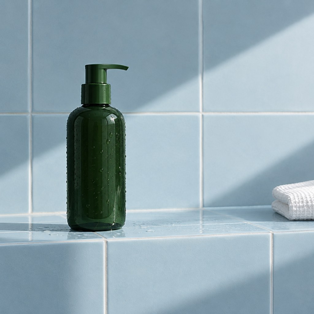 One unlabelled pump bottle on a pale blue tiled ledge beside a folded white cloth.