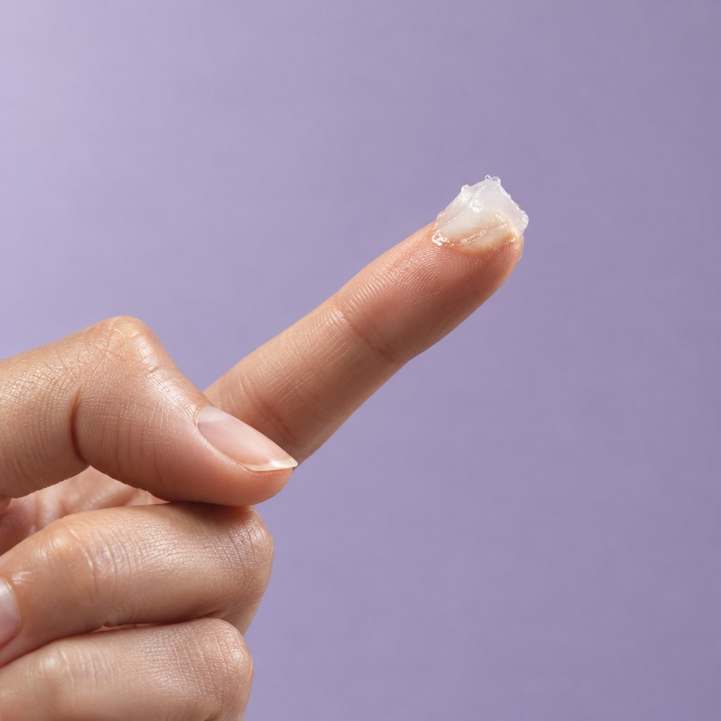 A small dab of ointment on an adult fingertip against a mauve background.